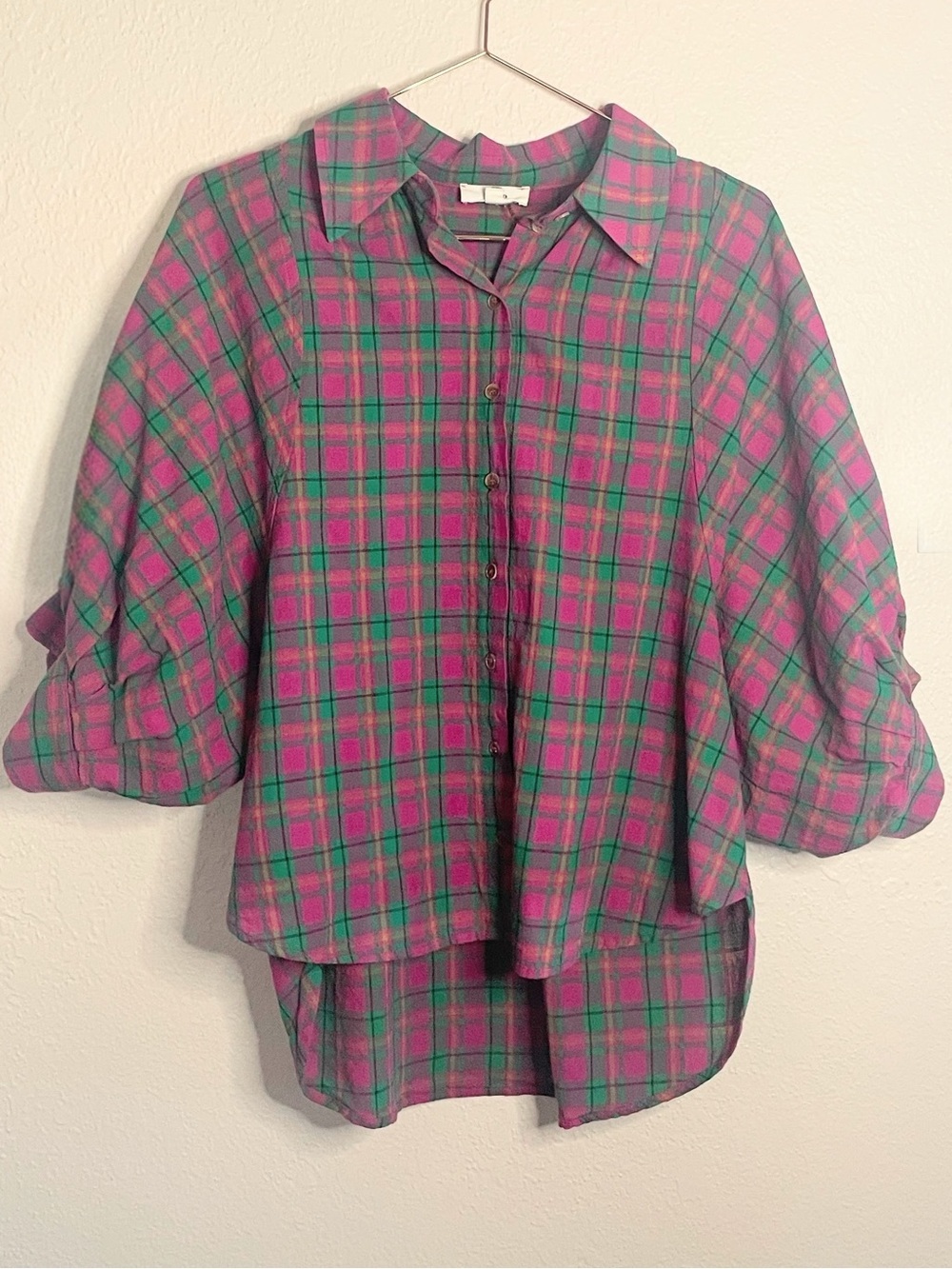 Entro Pink Green Plaid Oversized Pima Cotton Button Up Small - Picture 3 of 12